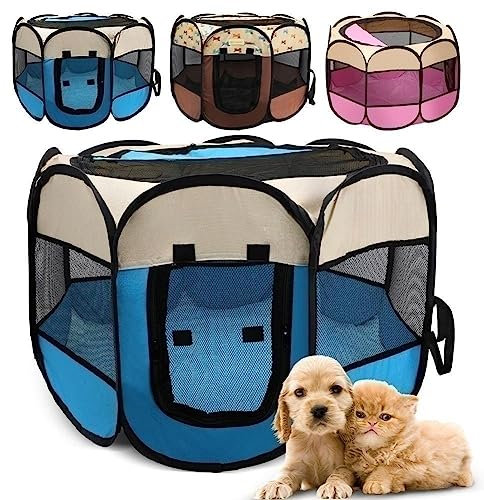 Welpenlaufstall Tierlaufstall Faltbar für Hunde, Welpenauslauf Oxford-Gewebe Hundehütte Wasserdichter Laufstall für Hunde Hasen Meerschweinchen Katzen für innern oder außen, 73x73x43cm Blau