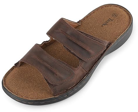 TIESTRA Mens Slide Sandal Summer Beach Indoor and Outdoor Anti-skidding Slide Slippers with Two Adjustable Leather Straps Brown EU43/UK9