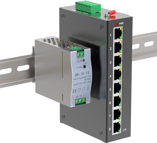 GoodTop 8 Port 100M Unmanaged Industrial Switch with DIN Rail 15W Power Supply,DIN-Rail Ethernet Switch,IP40,4KV Lightning Protection,Operating Temperature Range -40° – 80°C