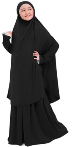 Odizli Gebetskleidung für Kinder Mädchen Abaya Muslim Islam Muslimische Spitze Langarm Hijab Lang Top + Maxi Rock Ramadan Outfit Jilbab Khimar Kaftan Burka Robe Lang Gebetskleid Schwarz 5-6 Jahre