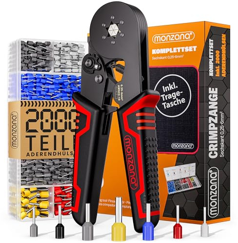 MONZANA® Crimpzange Sechskant 0,25-6mm² 2000tlg. Aderendhülsen Set Ergonomisch Plastikbox Carbon-Stahl inkl. Tasche Aderendhülsenzange Werkzeug