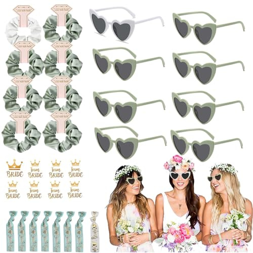 32 Stück JGA Brille Team Braut, Herz Sonnenbrille Bride Partybrille Set, 8 Herzförmige Brille+8 Bride Haargummi+8 Bride Armband+8 Bride Tattoo Aufkleber, JGA Deko Accessoires