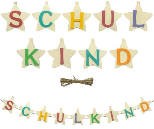 Oblique Unique® Holz Klammern Schulkind Stern Girlande Hänge Deko Banner für Schuleinführung Einschulung Schulanfang Dekoration Schule Jungs Mädchen