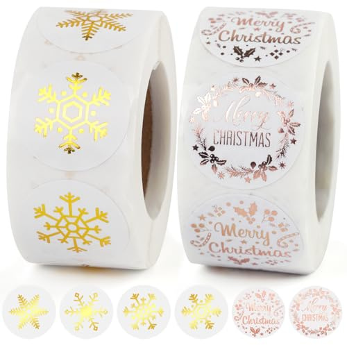 1000 Stück Weihnachten Aufkleber, Rund Goldfolie Etiketten Selbstklebend 2.5cm, Funkelnde Merry Christmas Sticker, Schneeflocken Deko für Belohnung Scrapbooking Grußkarten Geschenke Verpackungen