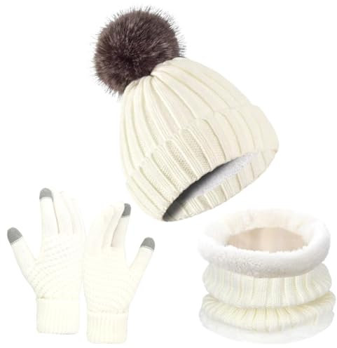 Mütze Halstuch Handschuhe Set,Winter 3 in 1 Mütze Schal Handschuh Sets,Beanie Mütze Männer Frauen Winter,Wintermütze Halswärmer Touchscreen Handschuhe,Winter Warme Stricksets Strickmütze (Weiß)