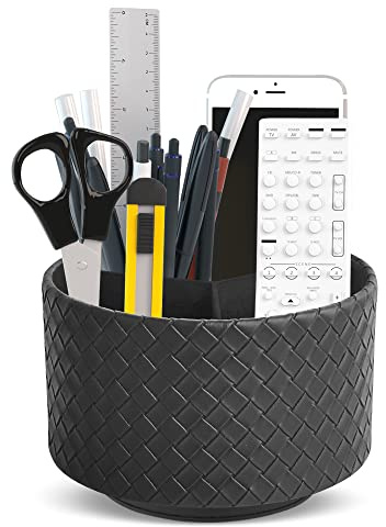 Mtzmy Rund Stiftehalter mit Trennwänden,Leder,360°drehbar,Fernbedienungshalter,drehbarer Nachttisch,TV-Fernbedienung,Schreibtisch-Organizer für Stifte,Bürobedarf,Aufbewahrungsbox(1-Schwarz gewebt)