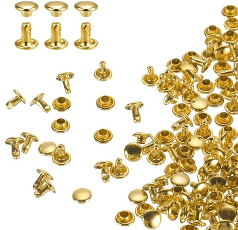 QUARKZMAN 100er Set Leder Nieten 6x6mm Runde Doppelkappe Tubular Metall Hohlnieten Spitznieten Zubehör Schraubnieten Rücknieten für Lochzange Gürtel Dekoration Kleidung Handwerk (Gold)