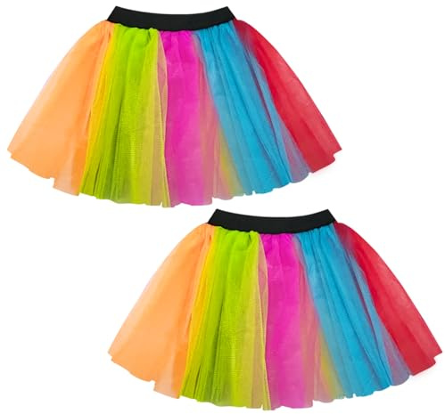 TUONYIS 2 Pièces Tutu Néon des années 80 Jupe Tutu Femme 3 Couches Tulle Disco Costume Vetement Fête Néon, Jupe Tulle des années 1980, Halloween Carnaval Costume De Fête (Arc-en-Ciel)