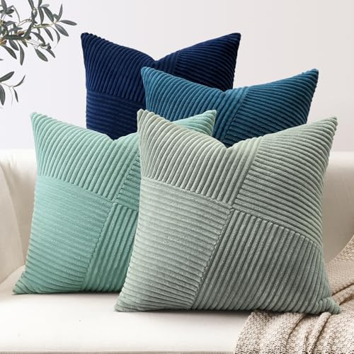 Sungeek 4er Set Cord Kissenbezüge, Windmühle Streifen Kordsamt Kissenbezug Sofakissen Dekokissen Patchwork Design Deko Zierkissenbezüge Kissenhülle für Wohnzimmer (40x40cm, Blau)