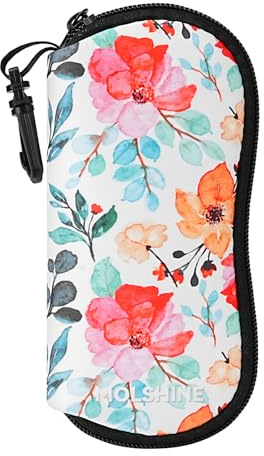 molshine Étui à lunettes de soleil souple, étui à lunettes à fermeture éclair en néoprène, étui à lunettes portable avec crochet pour homme et femme, Fleur blanche., M