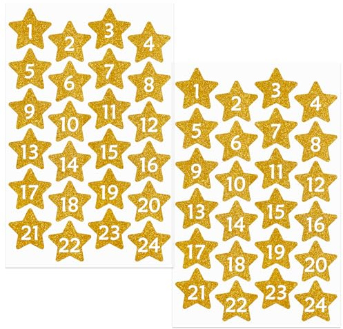 2 Blatt Glitzer Adventskalender Zahlen Aufkleber, Gold Sterne Zahlenaufkleber 1-24 Adventskalender Sticker Set für Weihnachten Kalender zum selber Basteln und Dekorieren