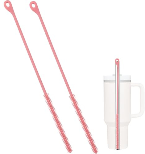 2pcs Silicone Straw Cleaner Brush, 9.45in Elastic Straw Cleaner Brush Extra Long Bristles Multi-Purpose Cleaning Tool for Straight & Bent Pipe Long-Spout Pot (Pink)
