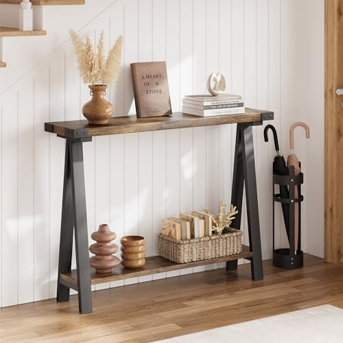 Hapihom Console Table, 110x21x80 cm Hallway Table Slim Hall Telephone Tables with Storage, 2-Tier Farmhouse Narrow Sofa Side Behind Couch Tables with Shelf for Entryway, Living Room, Foyer - Retro