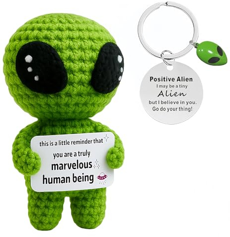 Positive Emotion Support Crochet Alien, Funny Handmade Knitted Doll with Keychain Home Office Desk Decor Birthday Holidays Cheer up Gifts for Parents Friend Lover Coworker Teacher Nurse