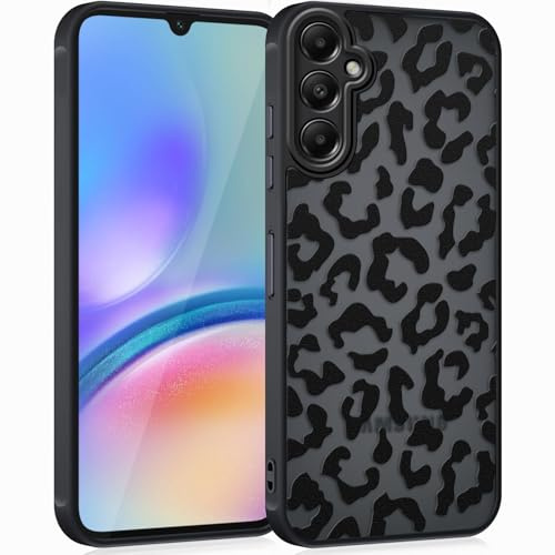 Coqinen Handyhülle für Samsung Galaxy A05S Hülle, Matt Transluzente Case mit Stilvolle Leopard Muster, Silikon Aesthetic Schutzhülle mit Kratzfeste PC Rückseite + Stoßfest TPU Bumper - Schwarz