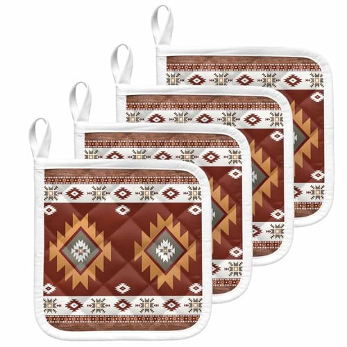 Aztec Vintage Ethnic Boho Stripe Pot Holder Set of 4,Heat-Proof Kitchen Dining Hot Pads Tribal Totem Brown Wood Grain Non-Slip Potholders for Oven,Cooking,Baking,Stove,Countertop