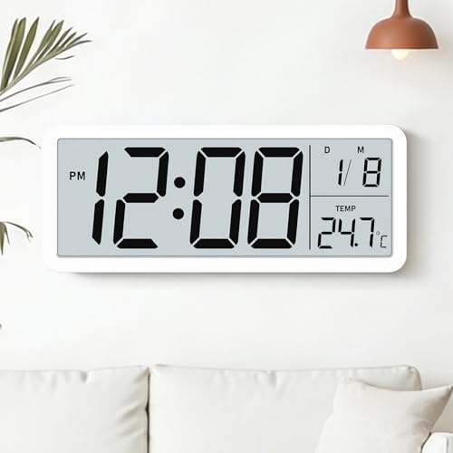 Venchin Digitale Wanduhr Groß: Modern Wanduhr mit Temperaturanzeige, Batteriebetrieben, Hintergrundbeleuchtet, 12/24HR, 25cm Digital Wanduhren für Wohnzimmer, Kinderzimmer, LCD Wall Clock - Weiß