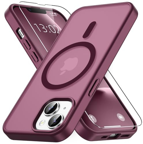 Vansdon Magnetisch für iPhone 13 / iPhone 14 Hülle-Weinrot | mit 1 Schutzglas, Kompatibel mit Magsafe, Fallschutz nach Militärstandard, Transluzente Matt Rückseite Stoßfeste Handyhülle