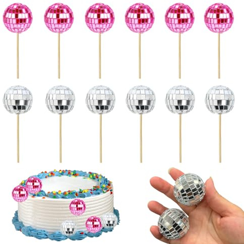 12PCS Disco Ball Cake Decorations with Bamboo Sticks, Disco Ball Cake Topper, Mini Disco Balls, Disco Cake Decorations for Disco Theme Party Supplies, Cake Dessert Toppers