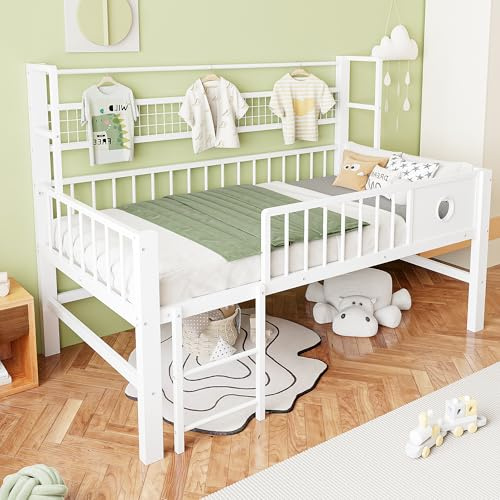 OKMYHOME Halbhochbett 90x200 cm für Kinder mit Netzablage, Kinderbett Einzelbett mit 30cm Sicherheitsgitter, Niedriges Hochbett Bettgestell mit Stauraum unter dem Bett, Weiß (ohne Matratze)