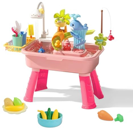 Wasserspieltisch Kinder - Wasserspieltisch Outdoor Strandspielzeug, Beinhaltet EIN breites Zubehörsortiment, Planschbecken mit Wasserpumpe, Wasser spieltisch Outdoor, Garten, Hinterhof, Hof(Rosa)
