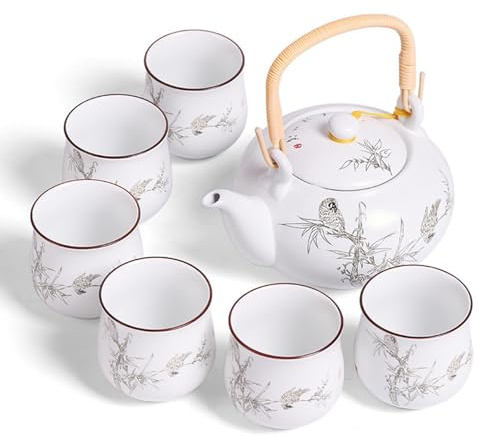 7pcs White English Ceramic Tea Set, Teapot, Bone Porcelain Cups