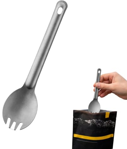 Msjuwek Premium Titanium Spork 6.3 Inch Long Handle Lightweight 11g 2-in-1 Camping Spoon Fork Combo with Storage Bag for Outdoor Backpacking Hiking Travel Picnic and Daily Office Use
