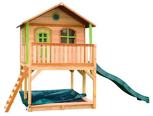 AXI Spielhaus Marc mit Sandkasten & grüner Rutsche | Stelzenhaus in Braun & Grün aus FSC Holz für Kinder | Spielturm mit Wellenrutsche für den Garten