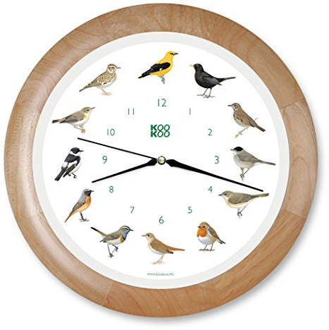 KOOKOO Singvögel Quarzwerk Holz, Die Singende Vogeluhr, runde Wanduhr mit natürlichen Vogelstimmen
