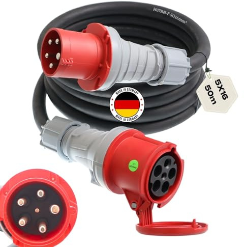 Starkstromkabel 63A 50m H07RN-F 5x16 Starkstrom Verlängerungskabel CEE Verlängerung 63 Ampere Kabel 5x16mm2 Baustelle Werkstatt Industrie Geeignet Outdoor IP44 Spritzwassergeschütz