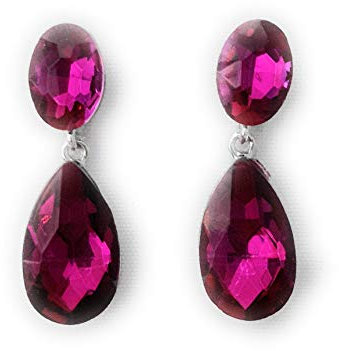 Pendientes Largos Mujer Bisutería Cristales de Colores Fiesta Boda Forma Lágrima Chapado Plata, Fucsia