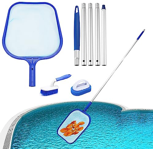 Hot Tub Net for Cleaning, Swimming Pool Nets, Pool Skimmer Net with 5-section Removable Aluminum Pole, Fine Mesh Skimmer, Spa Accessories, Pools Clean Kit with Paddling Pools Brush and Scrubber Pad