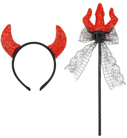 W WIDMANN MILANO Party Fashion - Teufel Accessoire Set | 2-teilig mit Teufelshörnern Haarreif und Dreizack für Halloween, Karneval und Mottopartys