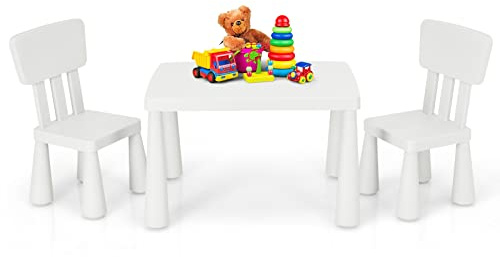 HONEY JOY Kids Table and Chair Set, Plastic Children Activity Table and 2 Chairs for Art Craft, Easy-Clean Tabletop, 3-Piece Toddler Furniture Set for Daycare Playroom, Gift for Boys Girls(White)