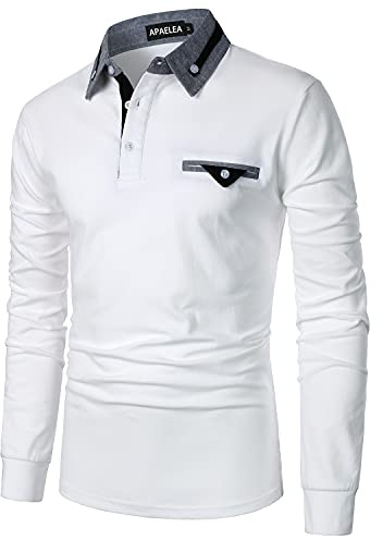 Camisas Polo para Hombre Tops de Algodón de Manga Larga,Blanco,M
