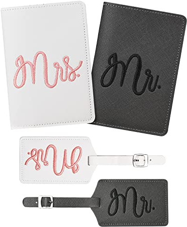 flintronic 2 Pcs Couvertures de Passeport et 2 Pcs Étiquettes à Bagages, Mr Et Mrs Porte-Passeport Housse et Étiquette Identifier de Bagage Ensemble pour les Couples Fête de Mariage Honeymoon Voyage