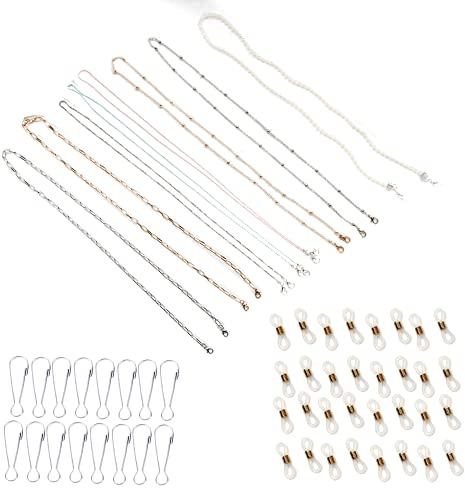 56 Stück Brillenketten und Schnallen, BOSOIRSOU 8 Stück Elegante Brillenhalterung Perlen Sonnenbrillenband Halterung Maske Kette Halskette Halter, mit Anti-Rutsch-Schnallen und Haken