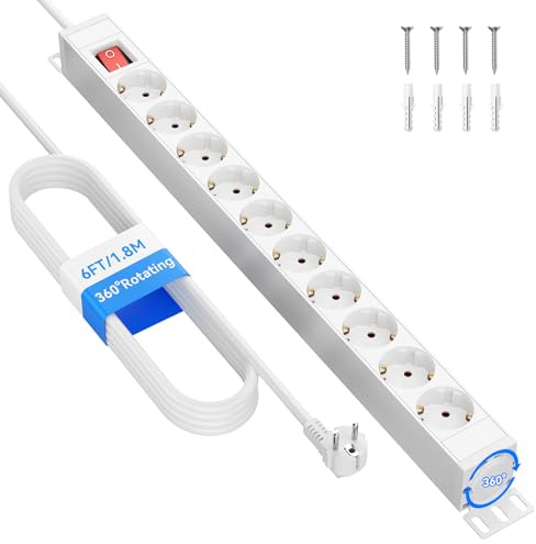 10-vägs grenuttag överspänningsskydd, flera uttag väggmontering aluminium grenuttag med strömbrytare, Sewingvr förlängningskabel för kontor hemma, 1,8 m kabel, 16 A/3680 W, Sewingvr