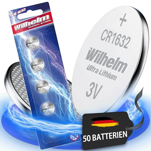 Wilhelm CR1632 Lithium Knopfzellen 3V 140 mAh, ø16x3,2 mm – 50 Stück