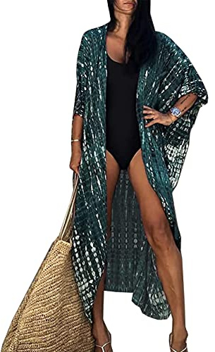 HYUET Copricostume da Bagno Donna Mare, Elegante Kimono Lungo Tie Dye Donna Estivo Abito da Spiaggia Bikini Cover Up Cardigan Maniche Lungo Vestito Boho Kaftan Tunica Top per Vacanza