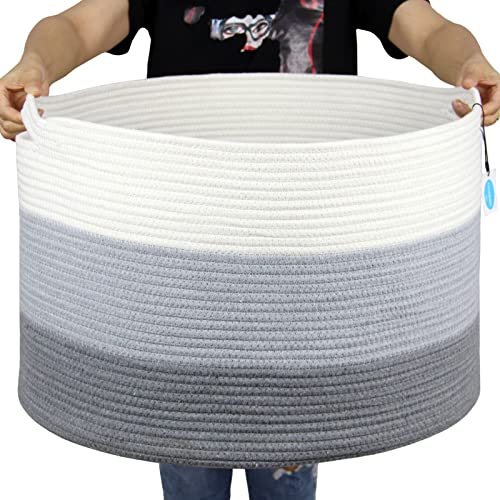 Casaphoria XXXLarge Cotton Rope Basket for Living Room - Woven Storage Basket with Handle for Blankets, Towels and Pillows Laundry Hamper | Light Gray (22 x 22 x 14)