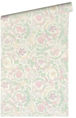 Versace Wallpaper 387062 Papier peint de luxe Motif floral Vert menthe, rose, blanc, vert, vigne baroque 10,05 x 0,70 m Fabriqué en Allemagne