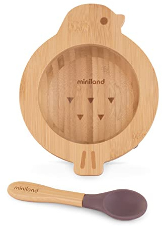 MINILAND - WOODEN BOWL CHICK, Babyschale aus FSC zertifiziertem Bambusholz, BLW geeignet, mit Saugnapf und Löffel mit weicher Silikonspitze