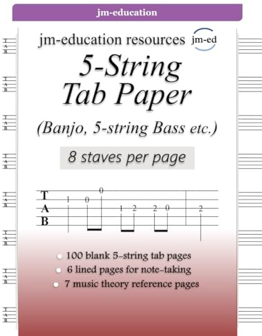 5-String Tab Paper (Banjo, 5-string Bass etc.): 8 staves per page