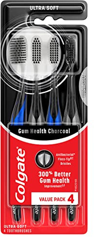 Colgate Gum Health Charcoal Toothbrush with Ultra Soft Floss Tip Bristles, Extra Soft for Sensitive Gums and Teeth, 4 Pack