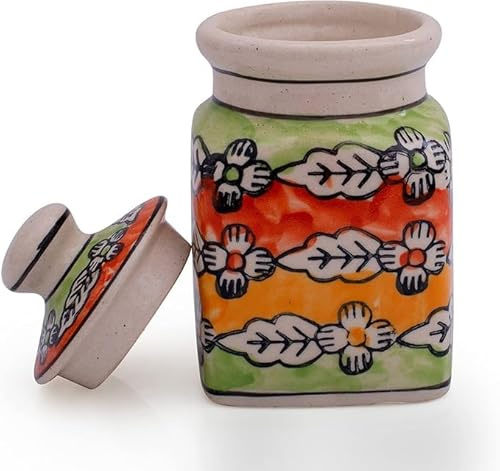 Decorative Ceramic Jar With Lid For Kitchen Pantry Countertop Home Dining Table Accessories Condiment Pickle Spice Coffee Tea Caddy Sugar Salt Herbs Food Storage Canister Holder Hand Painted