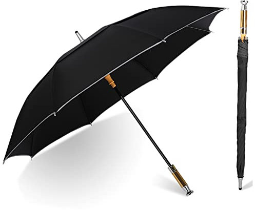 REOTEL Spazierstock Regenschirm,Automatischer überdimensionaler Golf Regenschirm,Krückenschirm mit reflektierendem Streifen, rutschfester Spazierstock, zum Klettern, Wandern,Schwarz,Double Layer