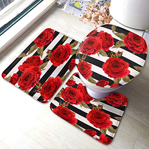 Set 3 Teilig Badvorleger Rosen, Blumen, Streifen, Dekoration, Eleganz, Garten, Blatt, Natur, Romantisch 3-Teiliges Badteppich-Set Anti-Rutsch Badgarnitur Badematten, Für Badewanne, Dusche
