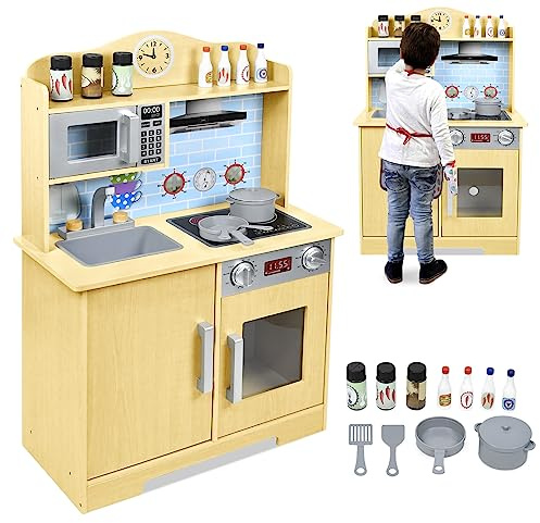 UISEBRT Cocina de madera para Niños, Cocina de Juguete incluye placa de cocina, fregadero, microondas, altura 92 cm, juguete para niños de +3 años, modelo B