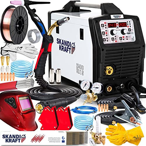 SKANDI KRAFT iSIMPLE MIG 215 - Doppelpuls MIG MAG Schutzgasschweißgerät mit 4 Synergieprogrammen inkl. Lötschweißen - Starker 200A Inverter 4 in 1: MIG/MAG, Fülldraht, WIG Lift, MMA - Set PremiumPlus